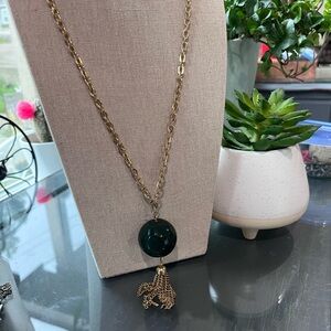 N082 Gold Chain Necklace with Dark Green Pendant and Tassel 34” 4.5” Pendant